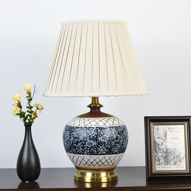 Vintage Chinese Round Ceramic Print Pleated Lampshade 1-Light Table Lamp