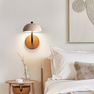 Traditional Japanese Semi-Circular Beige Travertine Wood LED Wall Sconce Lamp For Bedroom