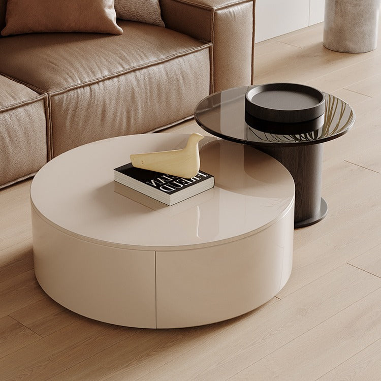 Modern Minimalist Round Slab Wood Metal Glass Coffee Table Set 2-Drawer For Living Room