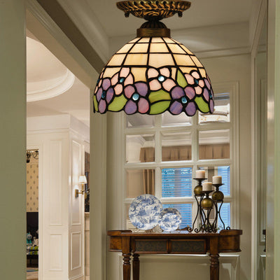 Traditional Tiffany Pastoral Purple Flower Stained Glass Bowl-shaped 1-Light Semi-Flush Mount Ceiling Light For Living Room