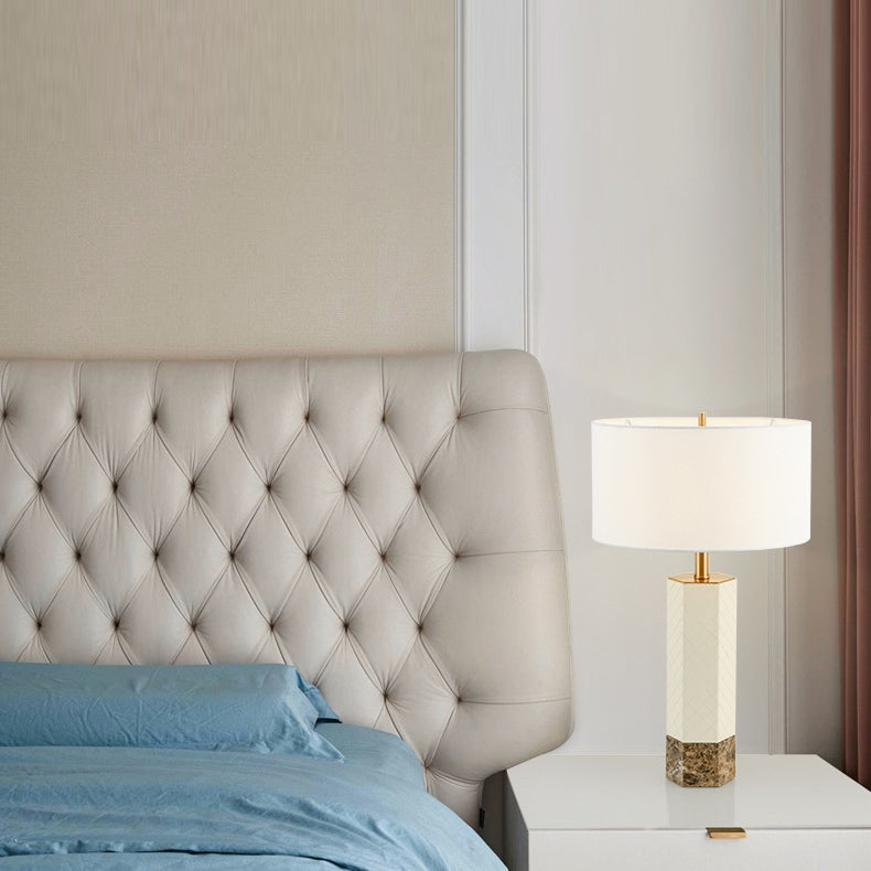 Modern Minimalist Hexagonal Column Round Marble Leather Fabric 1-Light Table Lamp For Bedroom