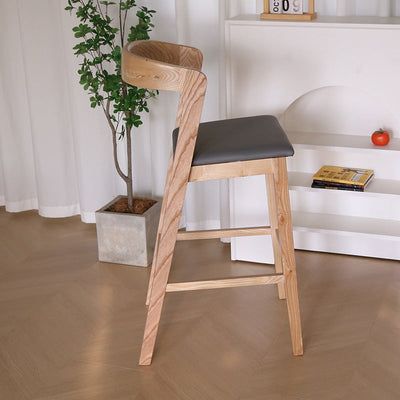 Contemporary Nordic Square Curved Fabric Wood Bar Stool Backrest Footrest For Dining Room