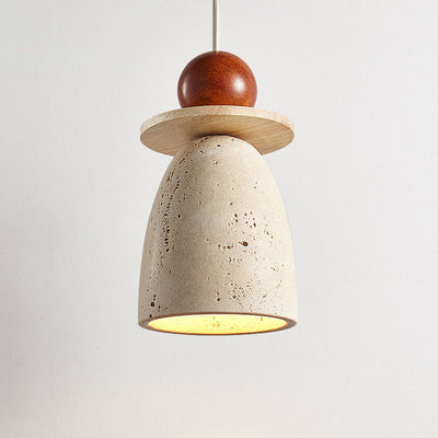 Traditional Japanese Semicircle Travertine Shade Wood 1-Light Pendant Light For Living Room