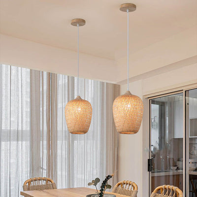 Modern Chinese Bamboo Woven Cylinder 1/3 Light Island Light Chandelier For Living Room