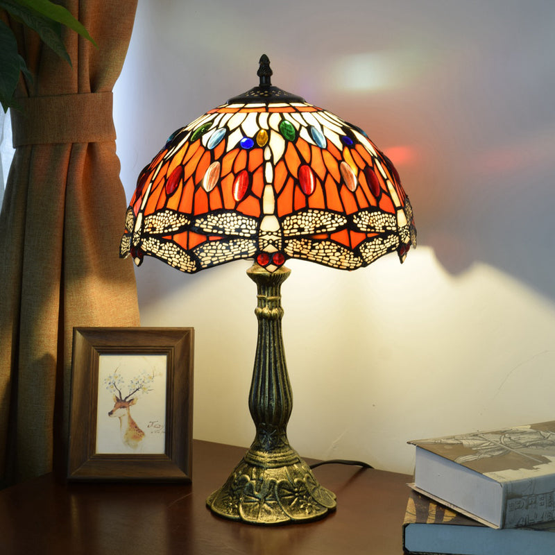 Traditional Tiffany Round Dome Dragonfly Aluminum Stained Glass 1-Light Table Lamp For Bedroom