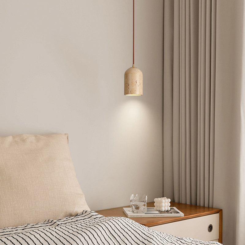 Contemporary Scandinavian Cylindrical Half Orb Travertine Oak 1-Light Pendant Light For Bedroom