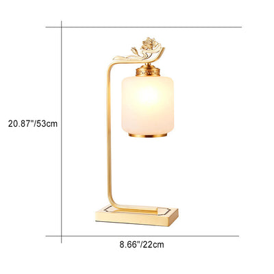 Traditional Chinese Lotus Cylinder Copper Glass 1-Light Table Lamp For Bedroom