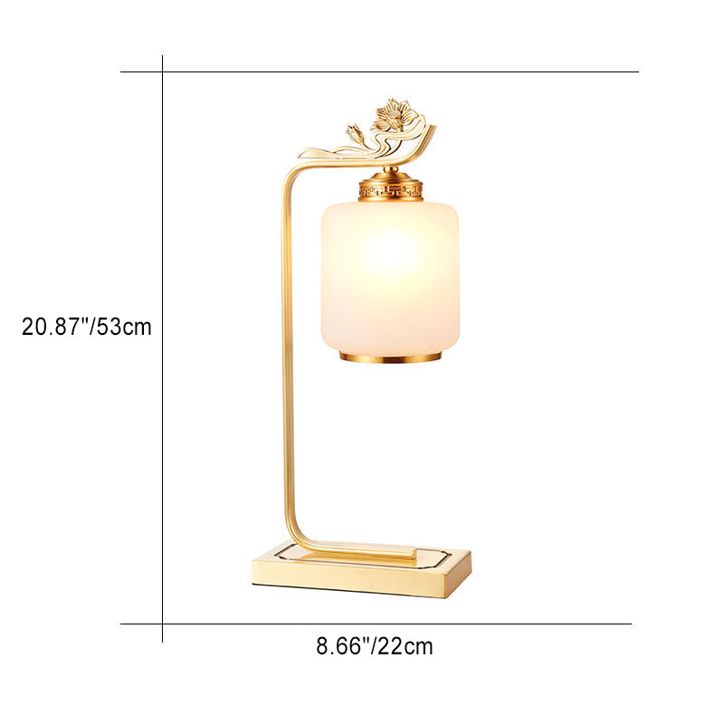 Traditional Chinese Lotus Cylinder Copper Glass 1-Light Table Lamp For Bedroom