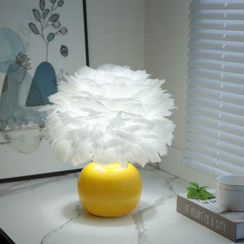 Contemporary Creative Feather Round Base Glass Goose Feather LED Table Lamp For Bedroom