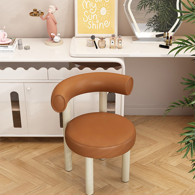 Contemporary Nordic Round Leather Iron Frame Vanity Stool Arc Back For Bedroom