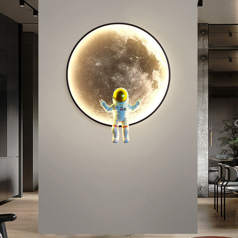 Contemporary Creative Round Lunar Astronaut Hardware Resin LED Wall Sconce Lamp For Bedroom