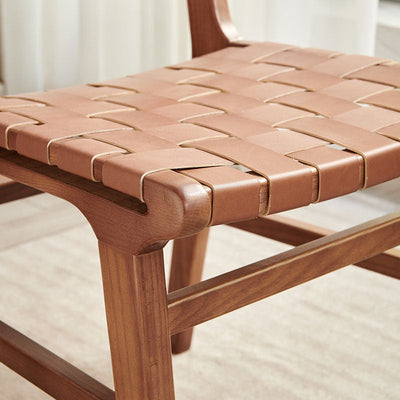 Contemporary Scandinavian Square Woven Wood Saddle Leather Dining Chair Backrest For Dining Room