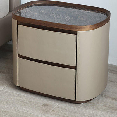 Modern Minimalist Elliptical Slate Saddle Leather Walnut Velvet Nightstand 2-Drawer For Bedside