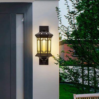 Traditional Chinese Solar Cylinder Triangle Rectangle Loft Aluminum Glass 1-Light Waterproof Wall Sconce Lamp For Garden