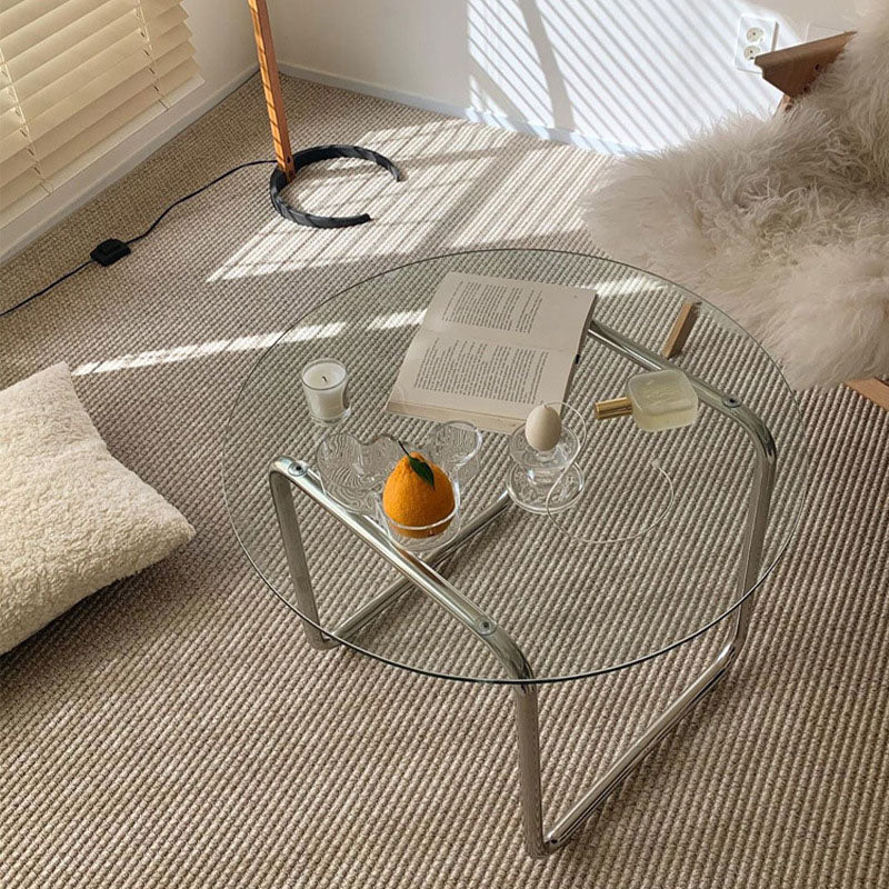 Modern Minimalist Round Glass Stainless Steel Coffee Table For Living Room