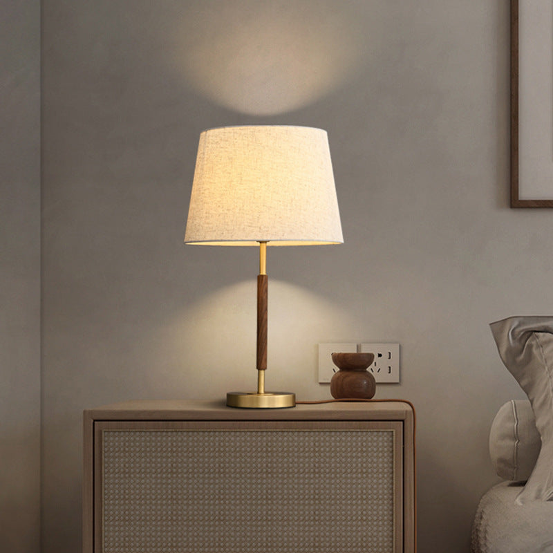 Contemporary Retro Brass Fabric Cylinder 1-Light Table Lamp For Bedside