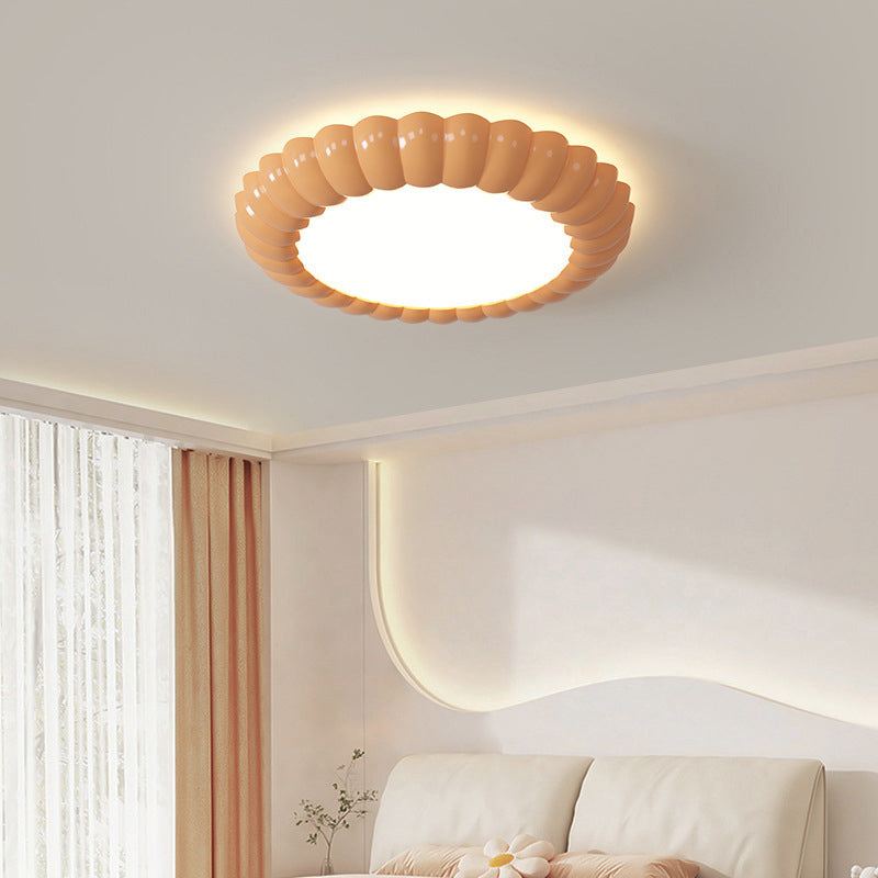 Contemporary Scandinavian Macaron Fiberglass Iron Round LED Flush Mount Ceiling Light For Bedroom