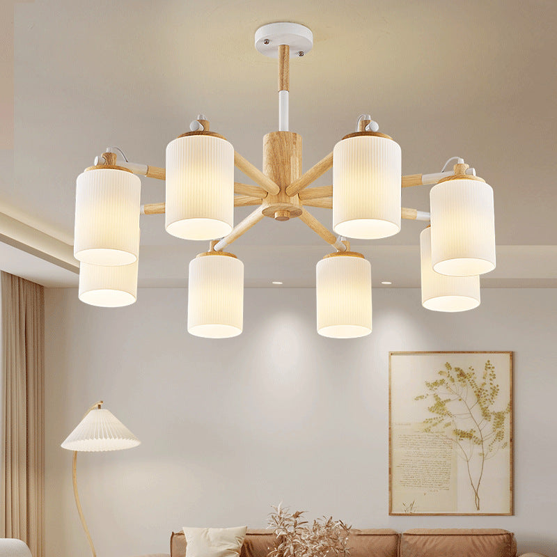 Contemporary Nordic Branch Cylinder Rubberwood Glass 8-Light Chandelier For Living Room