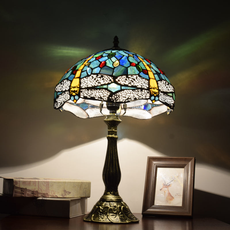 Traditional Tiffany Aluminum Alloy Glass Dome Dragonfly 1-Light Table Lamp For Bedroom