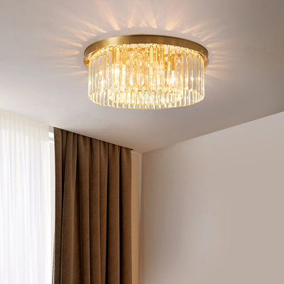 Modern Luxury Round Long Full Copper Crystal 4/5/6/8 Light Flush Mount Ceiling Light For Living Room