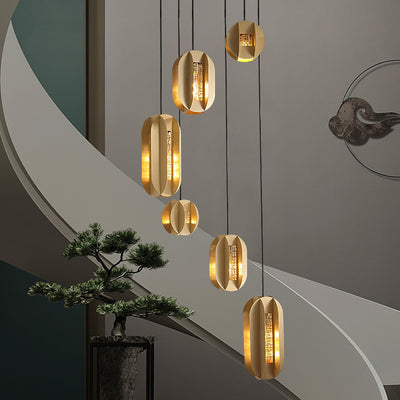 Traditional Chinese Copper Glass Cylinder Elliptical Hollow 1/3/6 Light Chandelier For Entryway