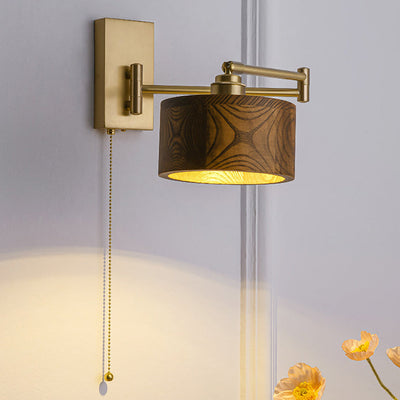 Modern Minimalist Retractable Round Trapezoidal Copper Wood 1-Light Wall Sconce Lamp For Bedroom