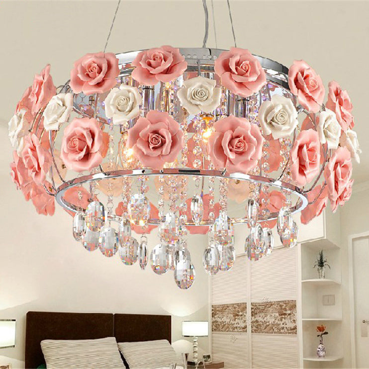 Modern Minimalist Rose Round Crystal Branch Crystal Iron 5/6 Light Chandelier For Living Room