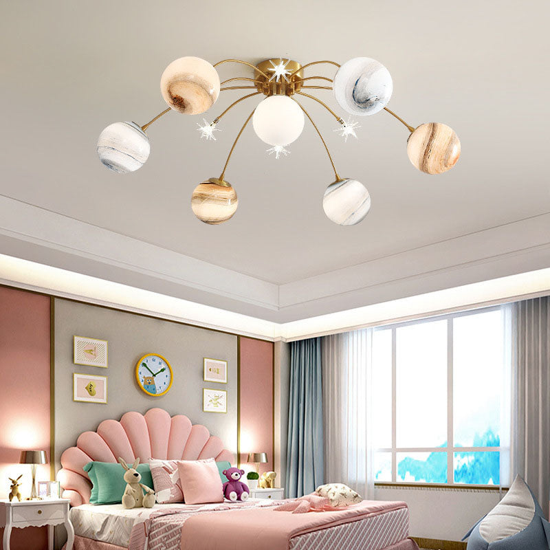 Contemporary Creative Planet Kids Iron Glass 13-Light Semi-Flush Mount Ceiling Light For Bedroom