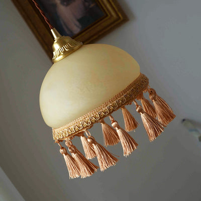 Traditional French Round Tassel Glass Copper Fabric 1-Light Pendant Light For Living Room