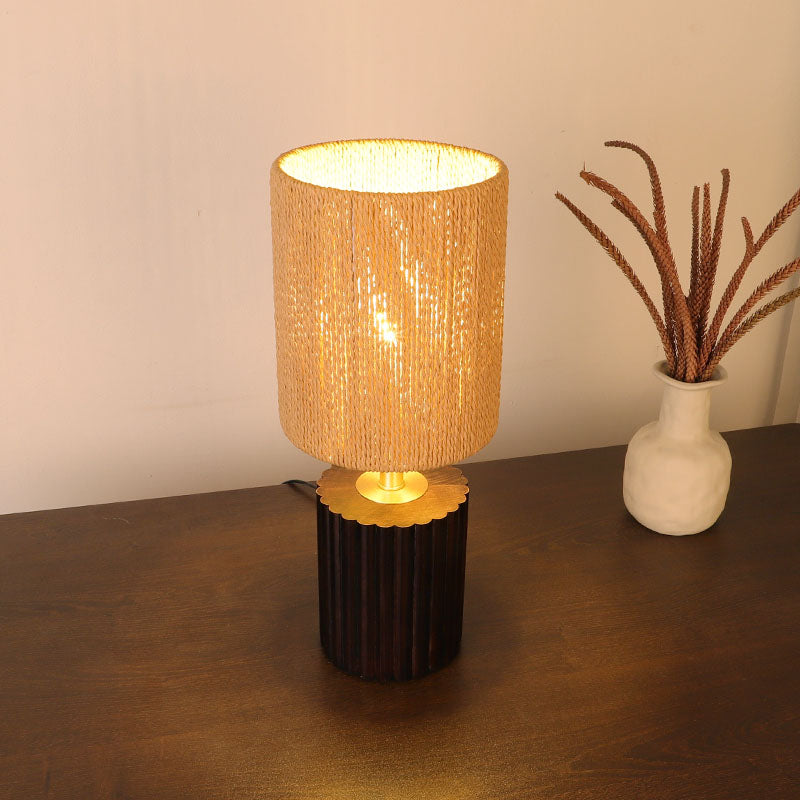 Traditional Japanese Column Wood Paper Rope 1-Light Table Lamp For Living Room