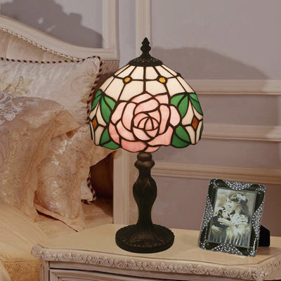 Traditional Tiffany Dome Rose Zinc Alloy Stained Glass 1-Light Table Lamp For Bedroom