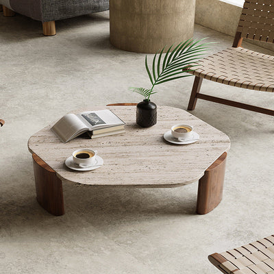 Contemporary Nordic Hexagon Travertine Wood Coffee Table 3-Leg For Living Room