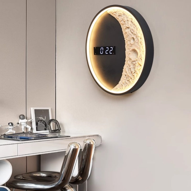 Modern Minimalist Round Moon Astronaut Clock Hardware Aluminium Resin LED Wall Sconce Lamp For Living Room