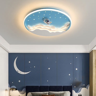 Contemporary Creative Kids Round Cloud Astronaut Iron LED Flush Mount Ceiling Light For Bedroom