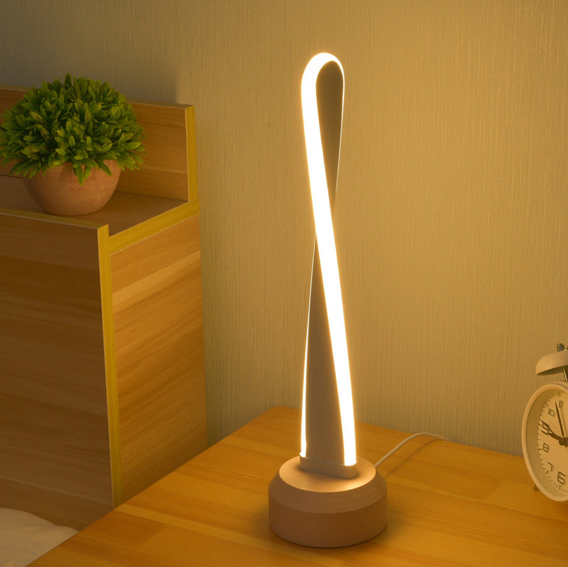 Traditional Japanese Elliptical Spiral Strip Beech Aluminum Silica LED Table Lamp For Bedside