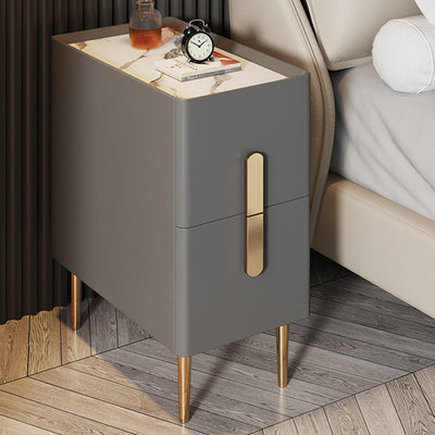 Contemporary Scandinavian Rectangular Tabletop Rock Plate Metal Stainless Steel Nightstand 2-Drawer For Bedroom