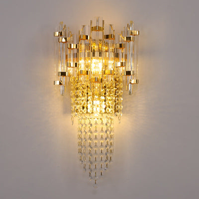 Modern Luxury Gold Stainless Steel Crystal Tassel 2-Light Wall Sconce Lamp For Living Room