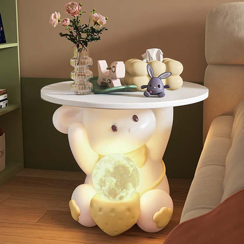 Modern Art Deco Kids Rabbit Round Plate Rectangular Drawer Resin Wood Enamel End Table 1-Drawer With LED Light For Bedroom