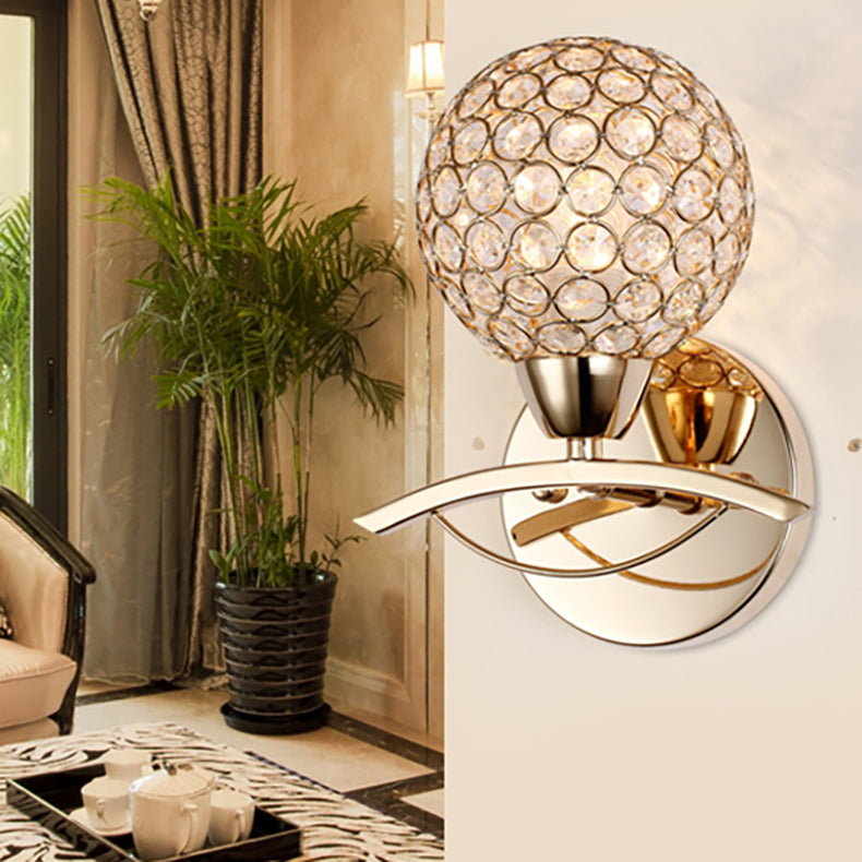 Contemporary Scandinavian Sphere Curved Disc Base Iron Crystal 1/2 Light Wall Sconce Lamp For Bedroom