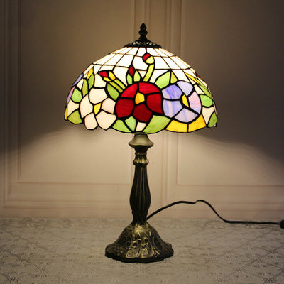 Traditional Tiffany Stained Glass Dome Shade Lotus Alloy Base 1-Light Table Lamp For Bedroom