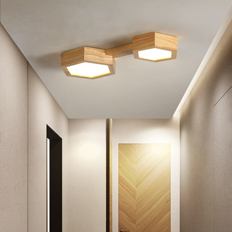 Traditional Japanese Hexagon Wood Acrylic LED Flush Mount Ceiling Light For Living Room