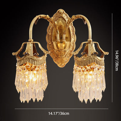 Traditional French Carved Leaf Brass Crystal 1/2 Light Wall Sconce Lamp For Bedroom