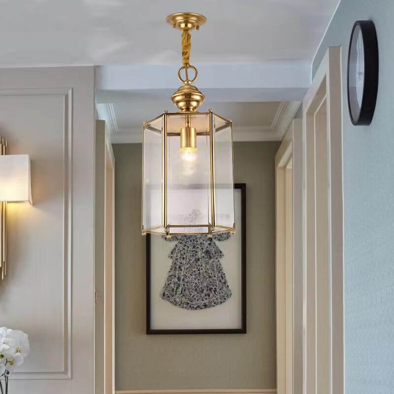 European Light Luxury Clear Hexagonal Cage Brass 1-Light Pendant Light