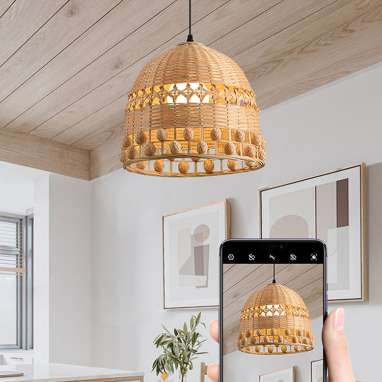 Traditional Chinese Round Dome Bamboo Weaving Hollow 1-Light Pendant Light For Living Room