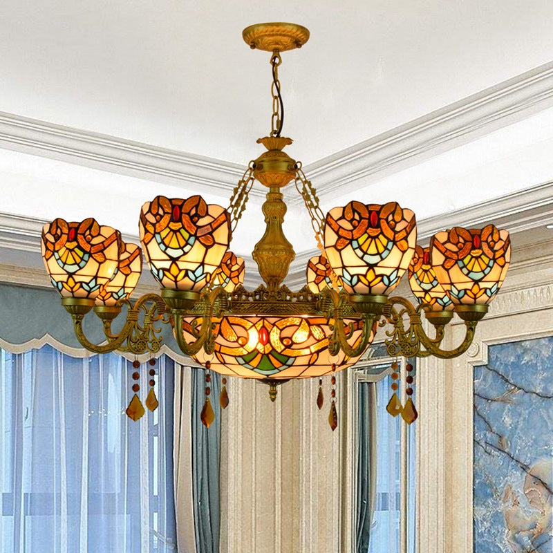 Traditional Tiffany Bead Dome Baroque Iron Glass Alloy 8/11 Light Chandeliers For Living Room