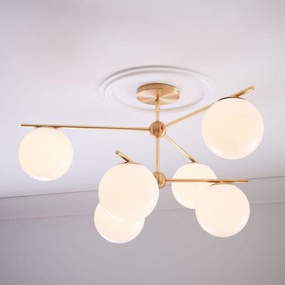 Contemporary Nordic Ball Branch Iron Copper Glass 3/6 Light Semi-Flush Mount Ceiling Light For Living Room