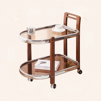 Traditional Japanese Removable Oval Wooden Stainless Steel Glass End Table 2-Tier For Living Room