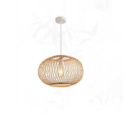 Traditional Japanese Weaving Bamboo Iron Ball Lantern 1-Light Pendant Light For Dining Room