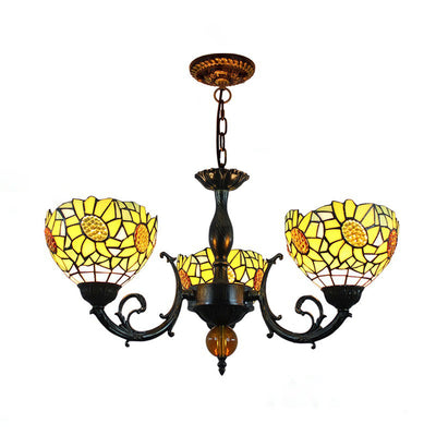 Traditional Tiffany Pastoral Yellow Sun Flower Pattern Stained Glass 3-Light Chandelier For Dining Room