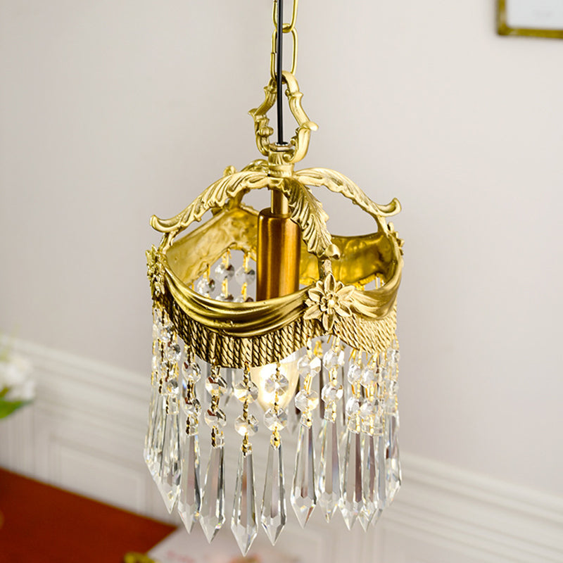Lampe suspendue à 1 lumière à pampilles en cuivre et cristal de luxe vintage 